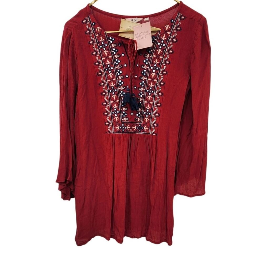 New‎ NWT Itse Embroidered Long Sleeve Red Top Medium Boho